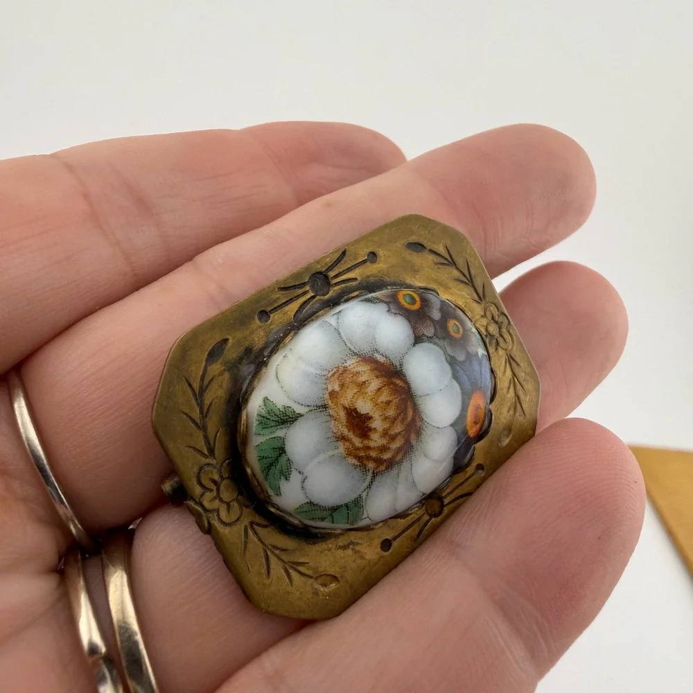 Vintage Antique Brass Porcelain Flower Brooch Pin Hand Painted Victorian Style